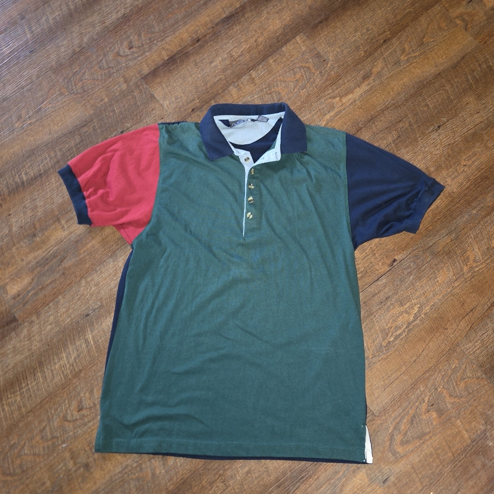 VTG Sasson Polo Shirt Mens L Navy Blue Green Red Short Sleeve Golf Y2K Retro 90s